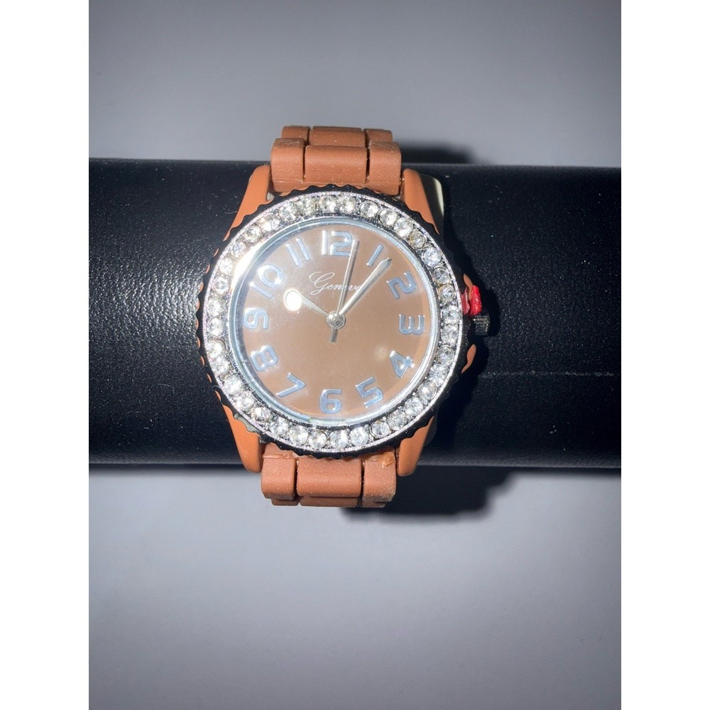 Geneva Round Brown Dial Silver Tone Rhinestones Poly Jelly Band Watch NEW Y2K